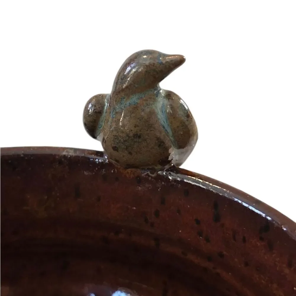 Handcrafted Brown Ceramic Bowl With Bird Accent